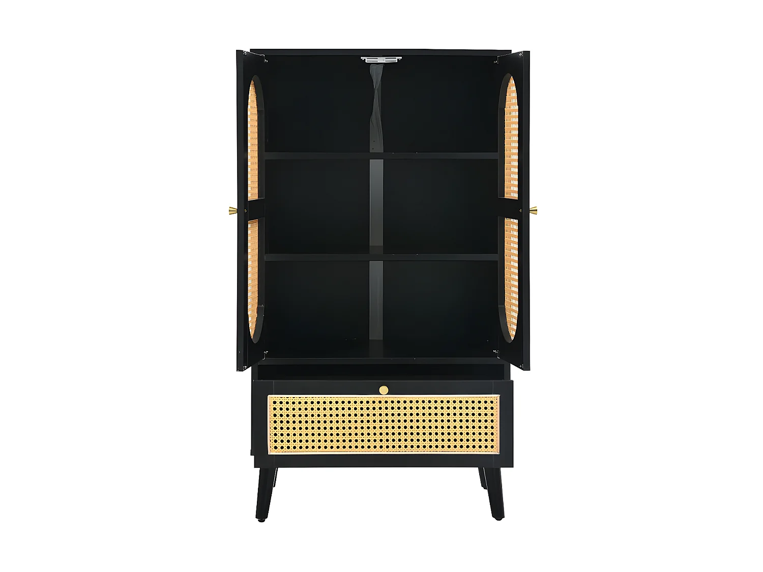 Buffet bas - H 110 cm - 2 portes et 1 tiroir en rotin - Noir