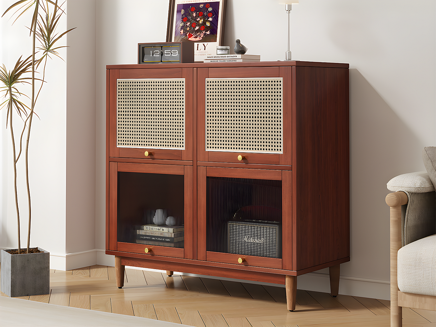 Elegante credenza alta in rattan nero - con 6 ante in rattan e un