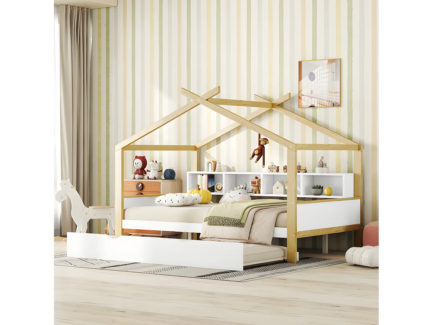 Ausziehbares Kinderbett 140x200cm - 4 offene Fächer am Bett - Weiß