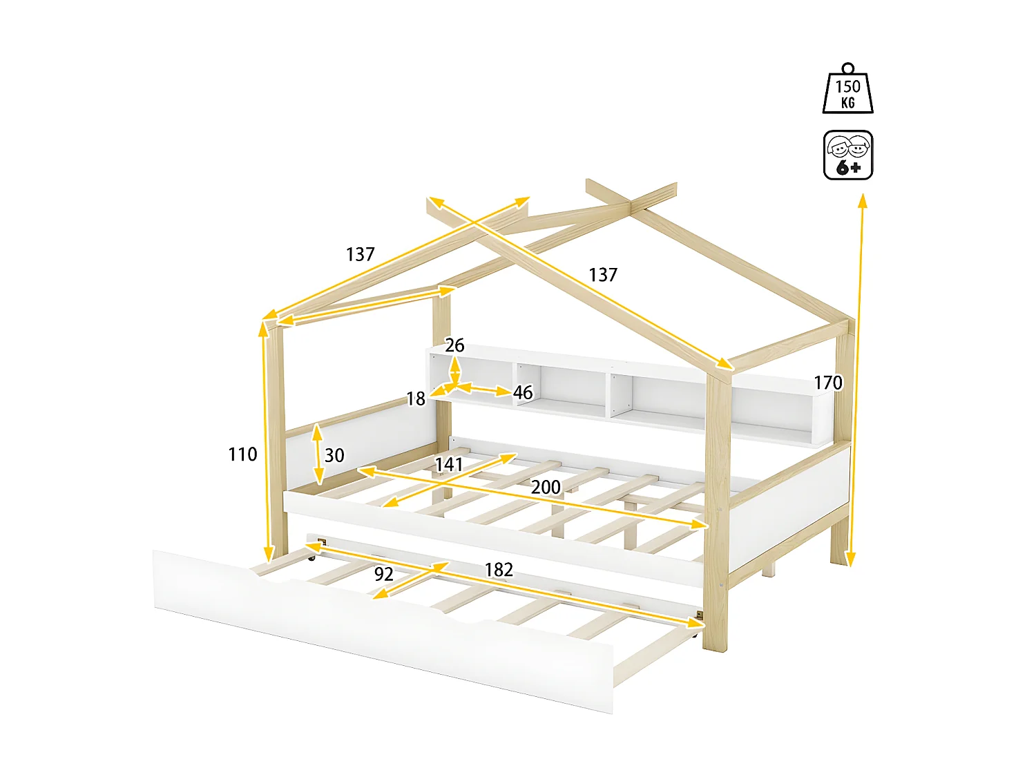 Ausziehbares Kinderbett 140x200cm - 4 offene Fächer am Bett - Weiß