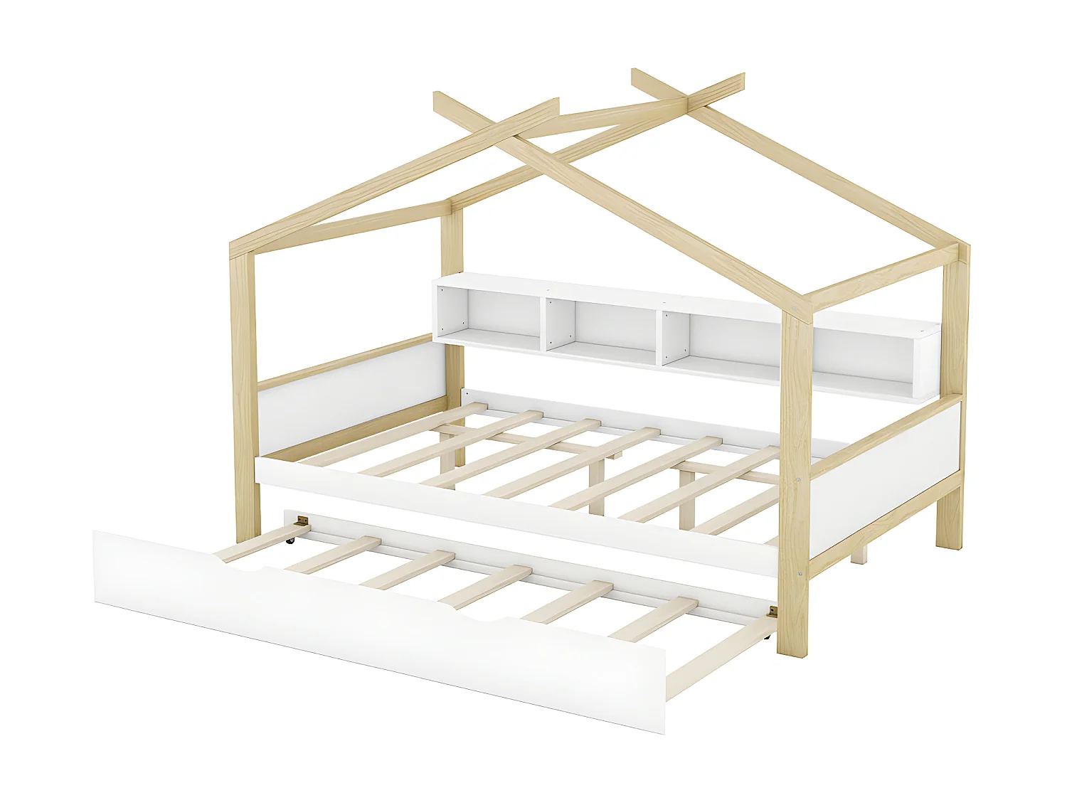 Ausziehbares Kinderbett 140x200cm - 4 offene Fächer am Bett - Weiß