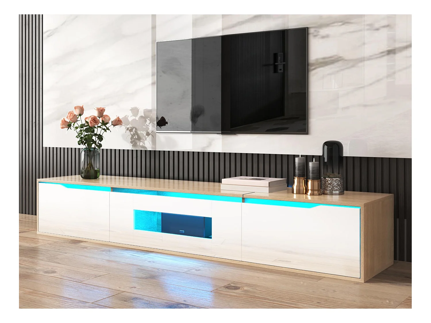 Meuble TV 180cm avec lumière LED à couleurs changeantes - 3 grands compartiments - Blanc