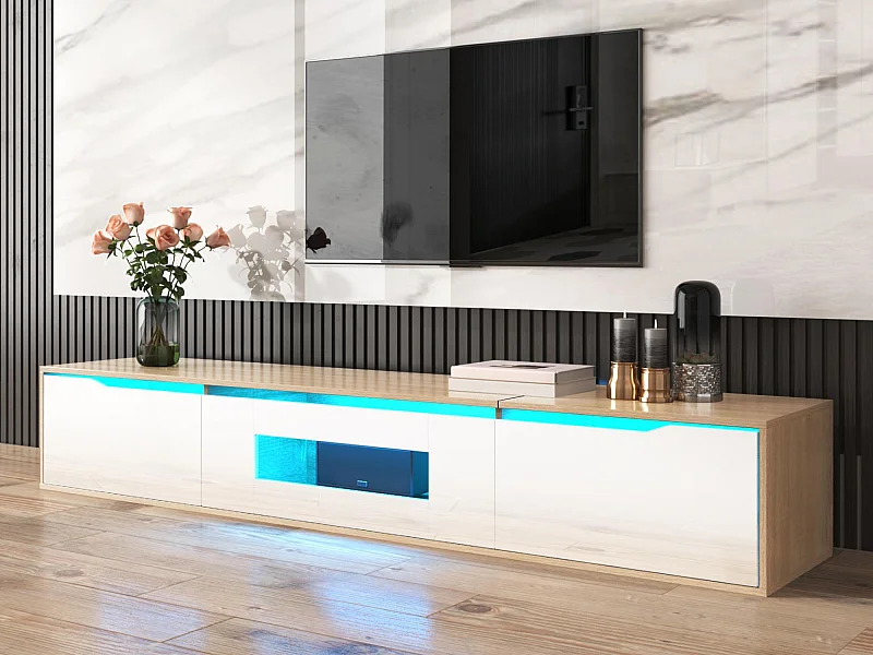 Meuble TV 180cm avec lumière LED à couleurs changeantes - 3 grands compartiments - Blanc