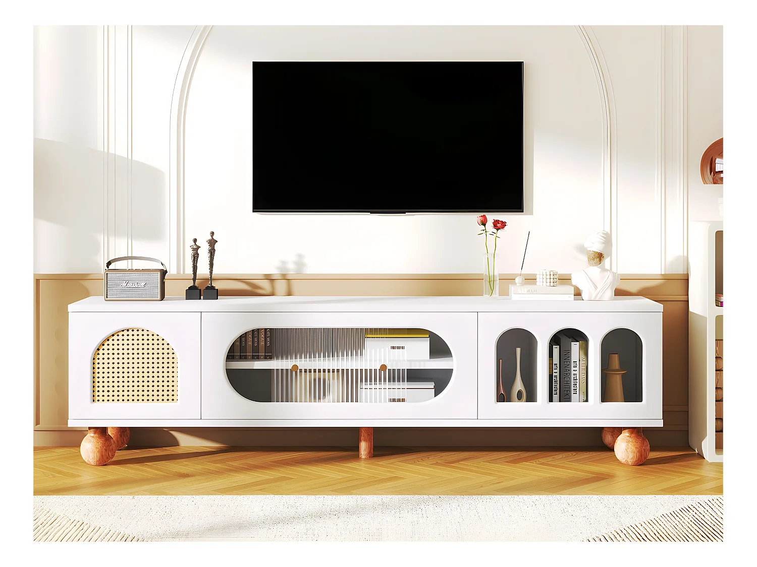 Meuble TV 170cm - 2 portes - 3 zones arquées ouvertes - Blanc