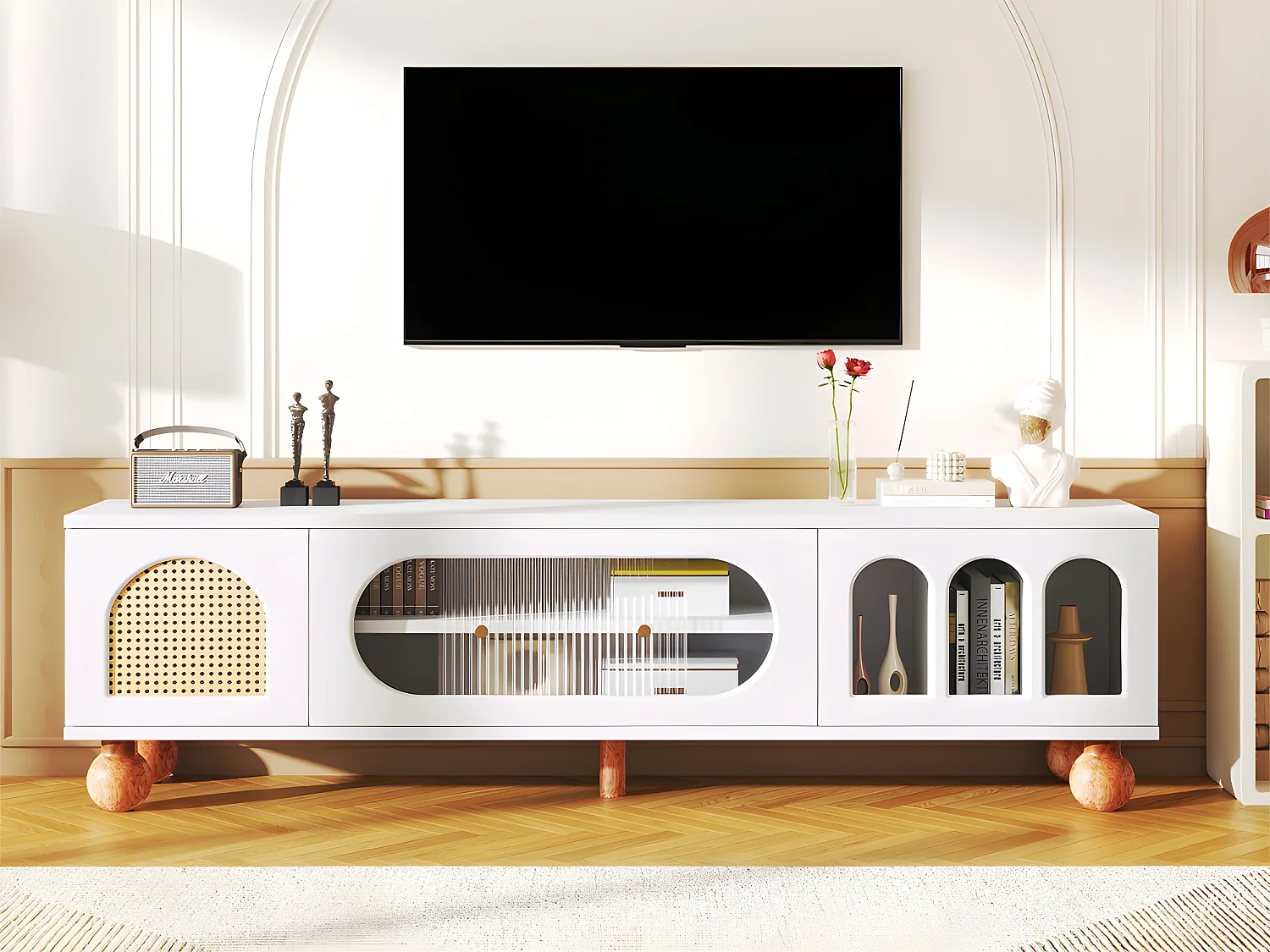 Meuble TV 170cm - 2 portes - 3 zones arquées ouvertes - Blanc