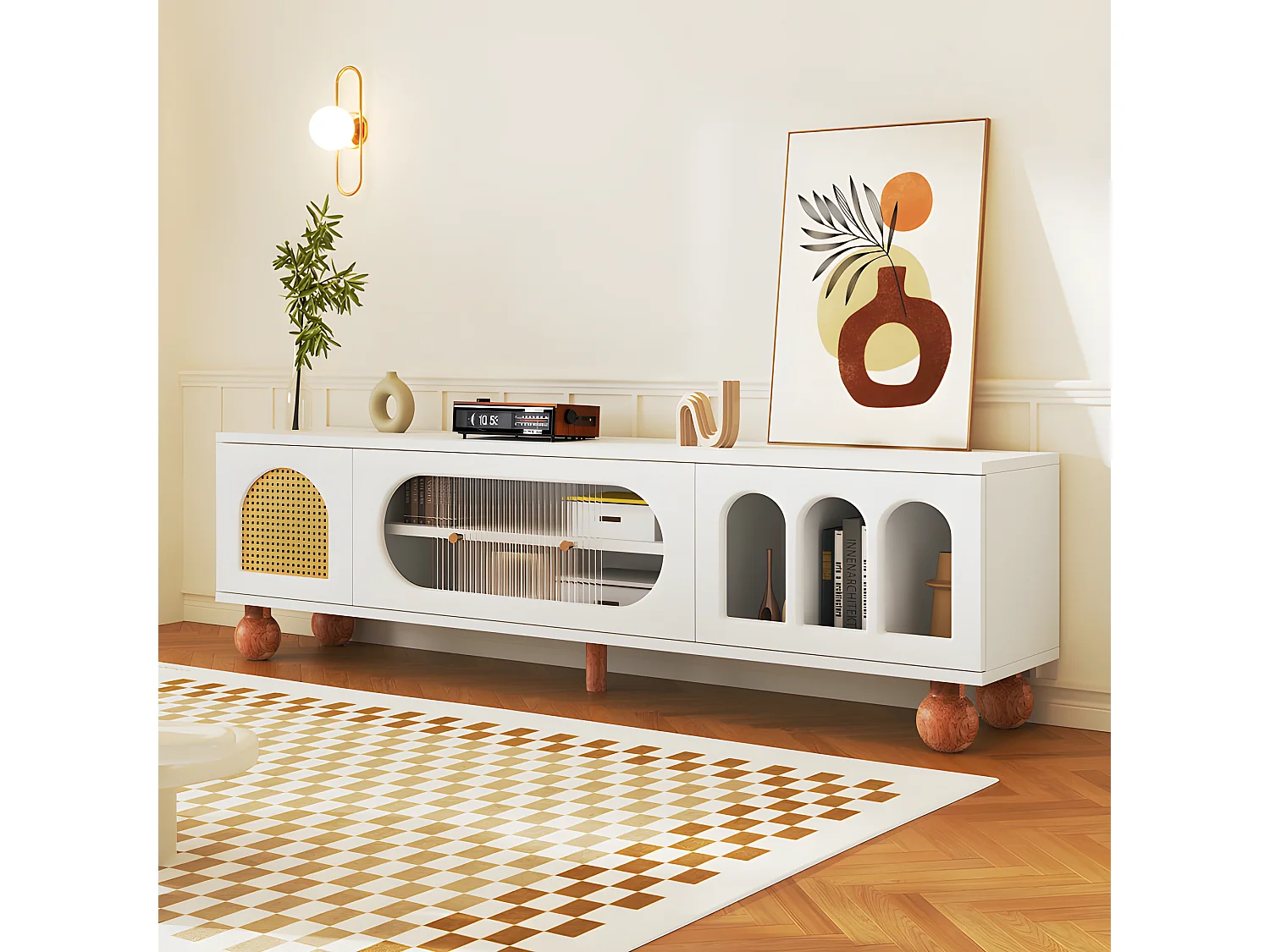 Meuble TV 170cm - 2 portes - 3 zones arquées ouvertes - Blanc