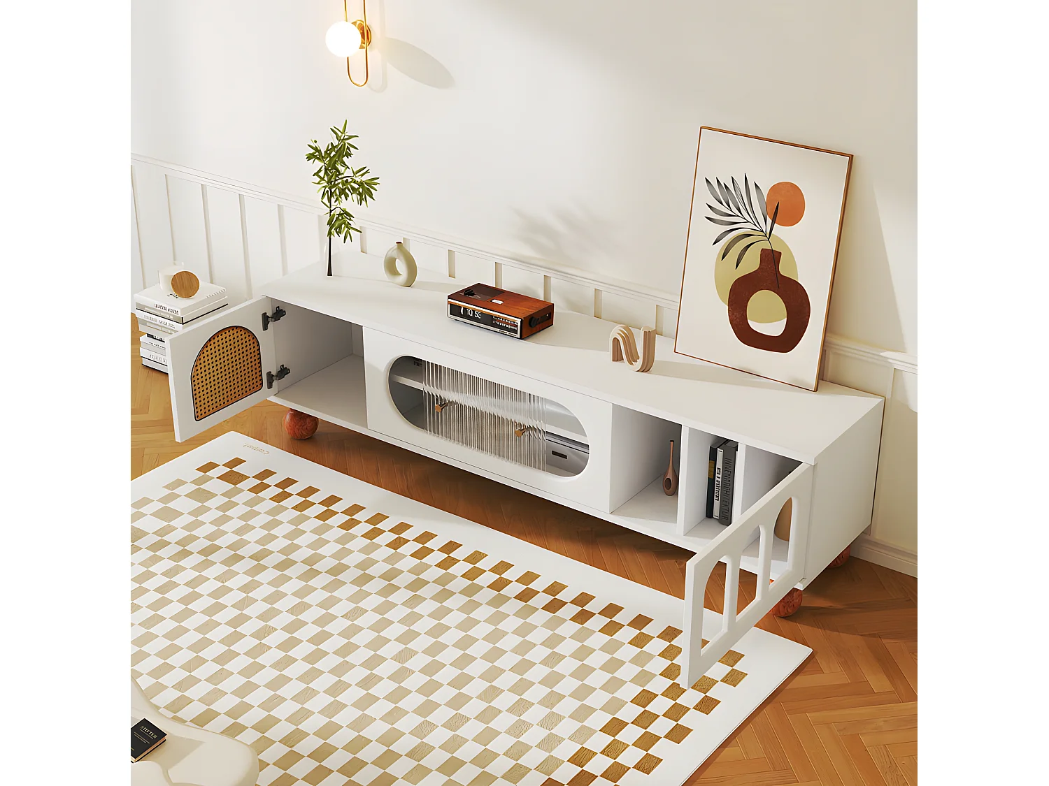 Meuble TV 170cm - 2 portes - 3 zones arquées ouvertes - Blanc