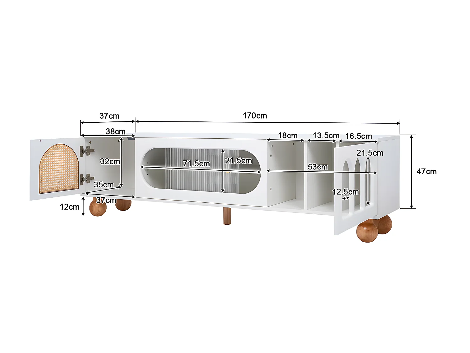 Meuble TV 170cm - 2 portes - 3 zones arquées ouvertes - Blanc