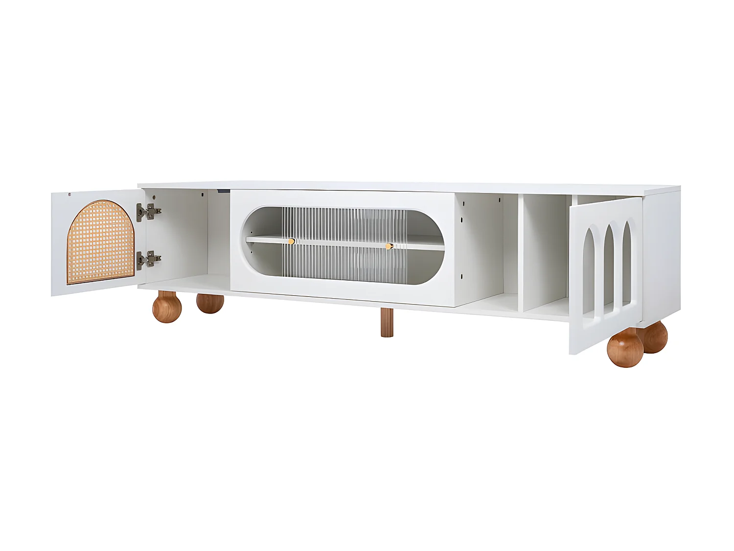 Meuble TV 170cm - 2 portes - 3 zones arquées ouvertes - Blanc