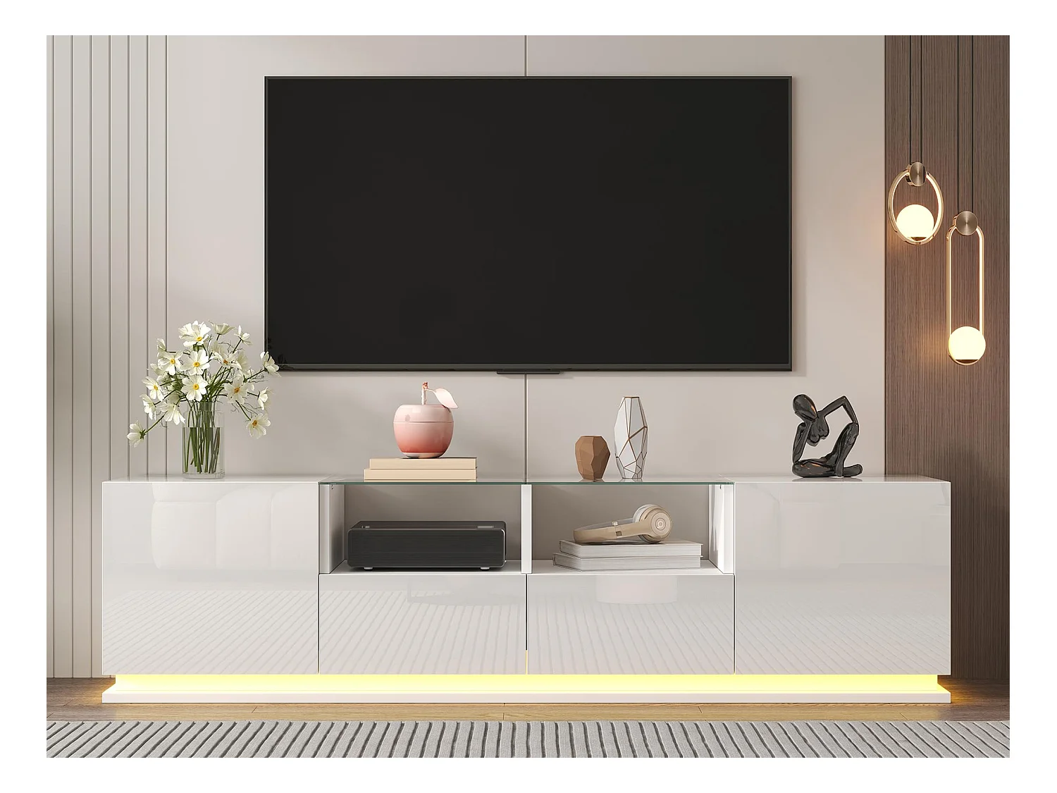 Meuble TV 165cm avec lumières LED colorées- 2 tiroirs 2 portes et 2 étagères en verre - Blanc