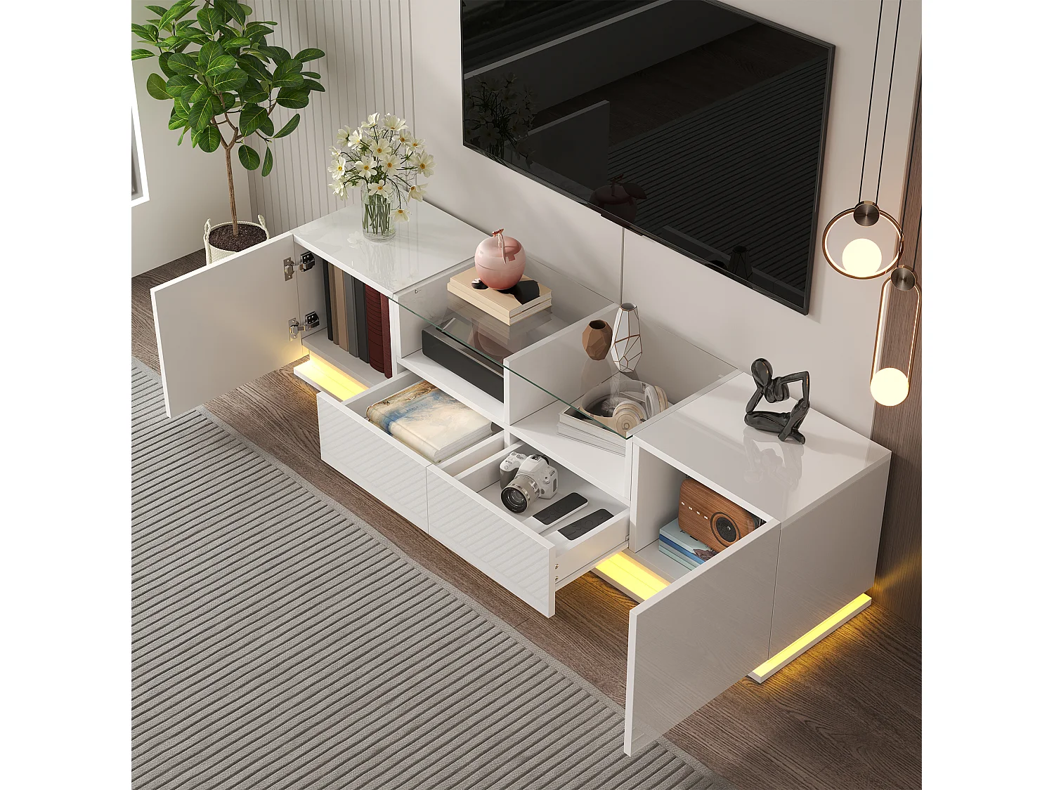 Meuble TV 165cm avec lumières LED colorées- 2 tiroirs 2 portes et 2 étagères en verre - Blanc