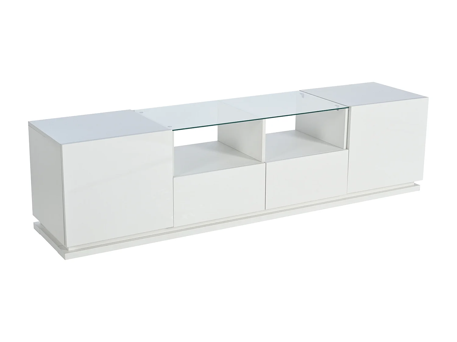 Meuble TV 165cm avec lumières LED colorées- 2 tiroirs 2 portes et 2 étagères en verre - Blanc