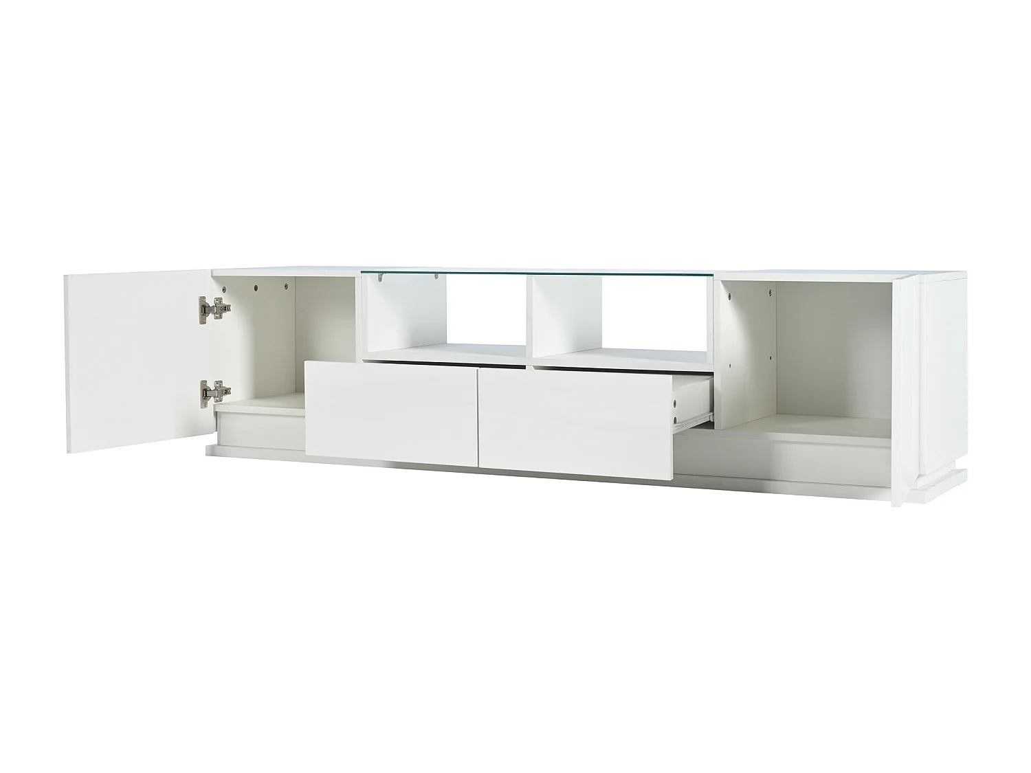 Meuble TV 165cm avec lumières LED colorées- 2 tiroirs 2 portes et 2 étagères en verre - Blanc
