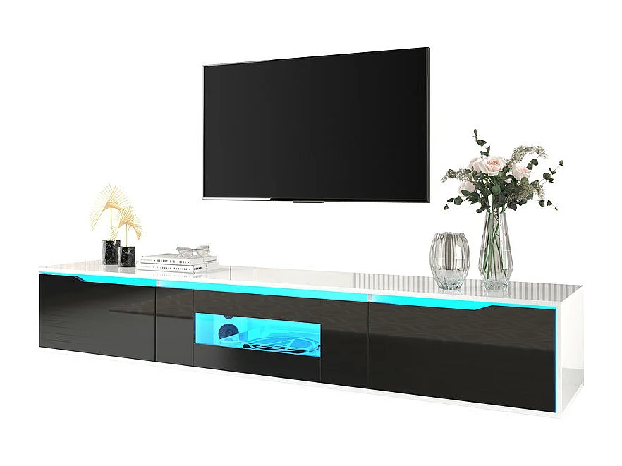 180-cm-TV-Gerät mit farbwechselndem LED-Licht – 3 große Fächer – Schwarz