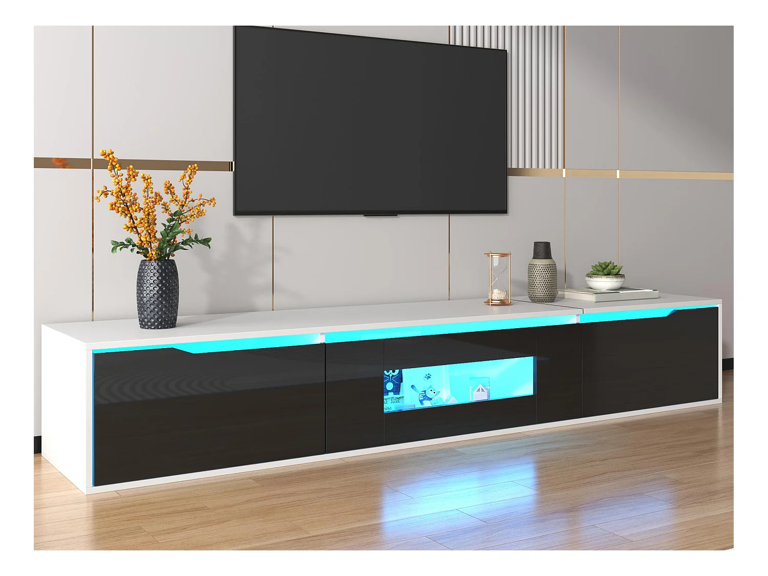Meuble TV 180cm avec lumière LED à couleurs changeantes - 3 grands compartiments - Noir