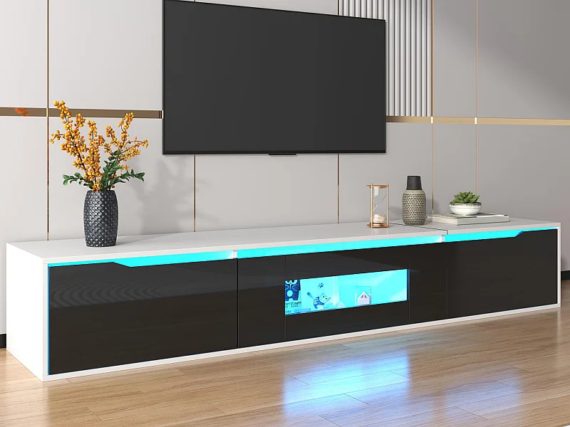 Meuble TV 180cm avec lumière LED à couleurs changeantes - 3 grands compartiments - Noir
