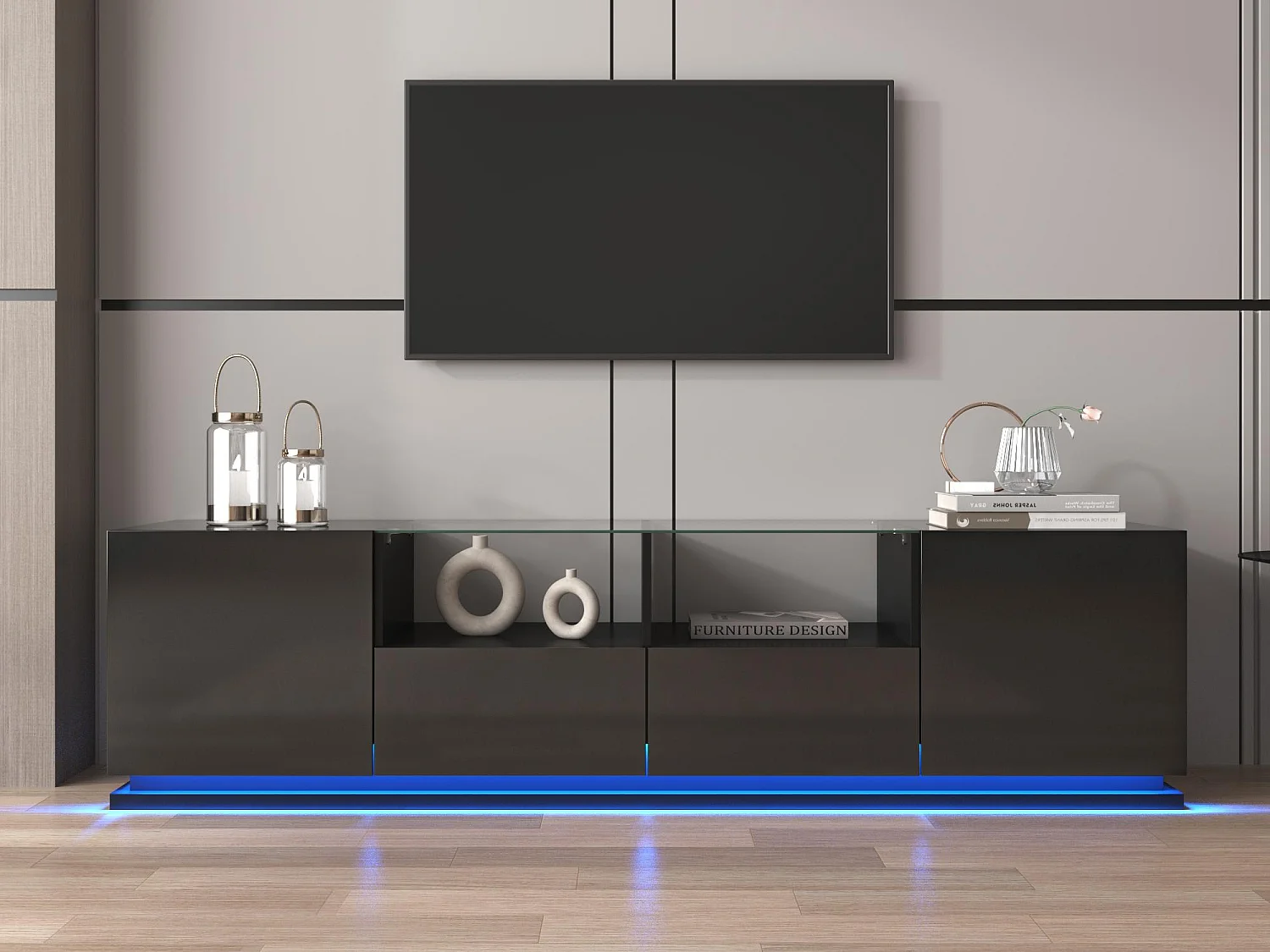 TV-meubel van 165 cm met kleurrijke LED-verlichting - 2 laden, 2 deuren en 2 glazen planken - Zwart