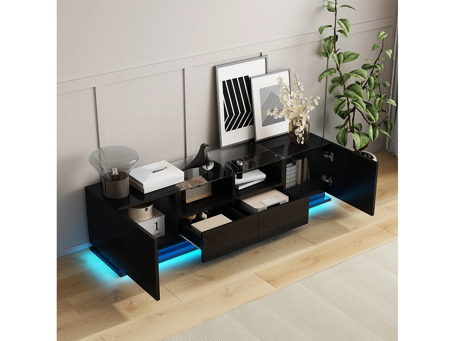 TV-meubel van 165 cm met kleurrijke LED-verlichting - 2 laden, 2 deuren en 2 glazen planken - Zwart