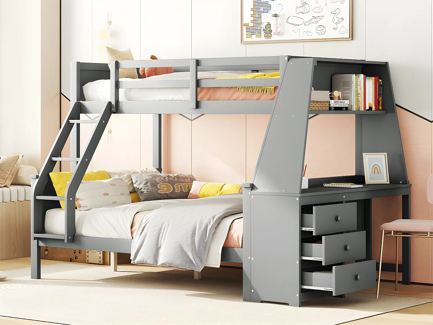 Lit superposé 140x200cm - un bureau sur le côté avec 3 grands tiroirs - Gris