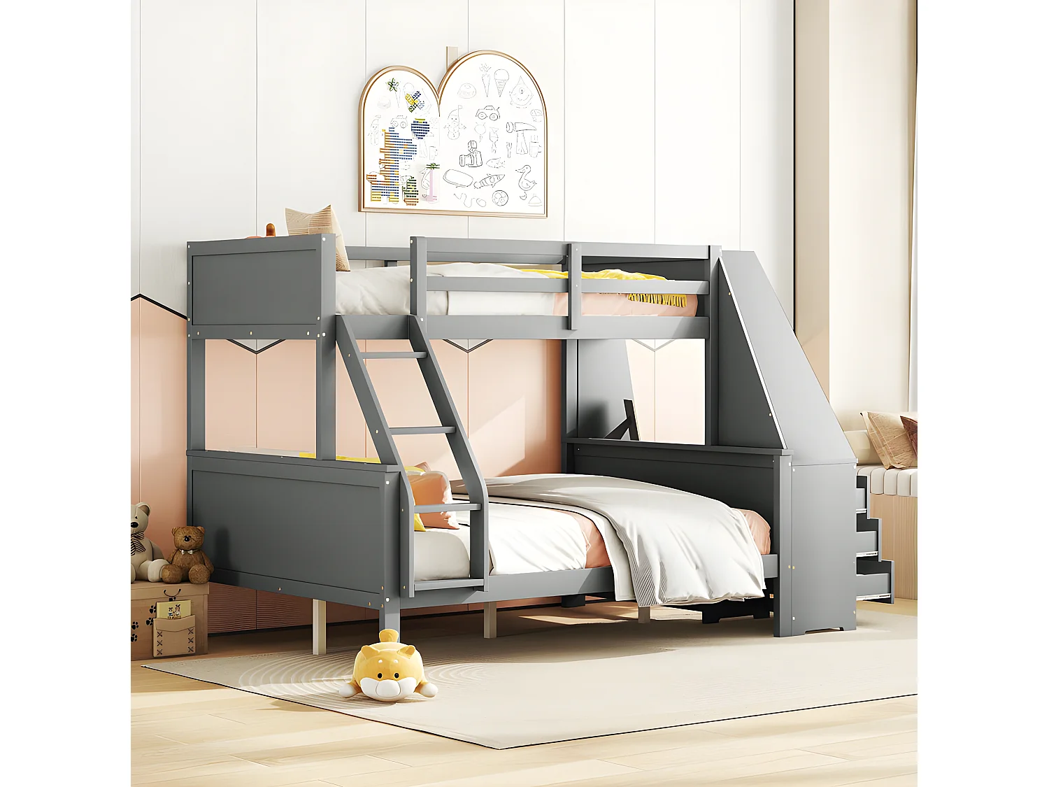 Lit superposé 140x200cm - un bureau sur le côté avec 3 grands tiroirs - Gris