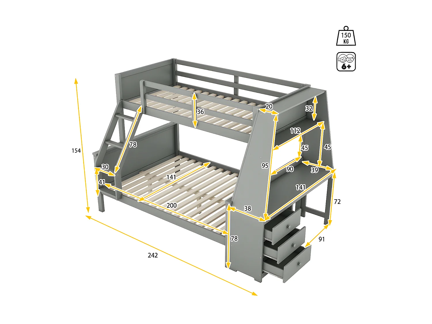 Lit superposé 140x200cm - un bureau sur le côté avec 3 grands tiroirs - Gris