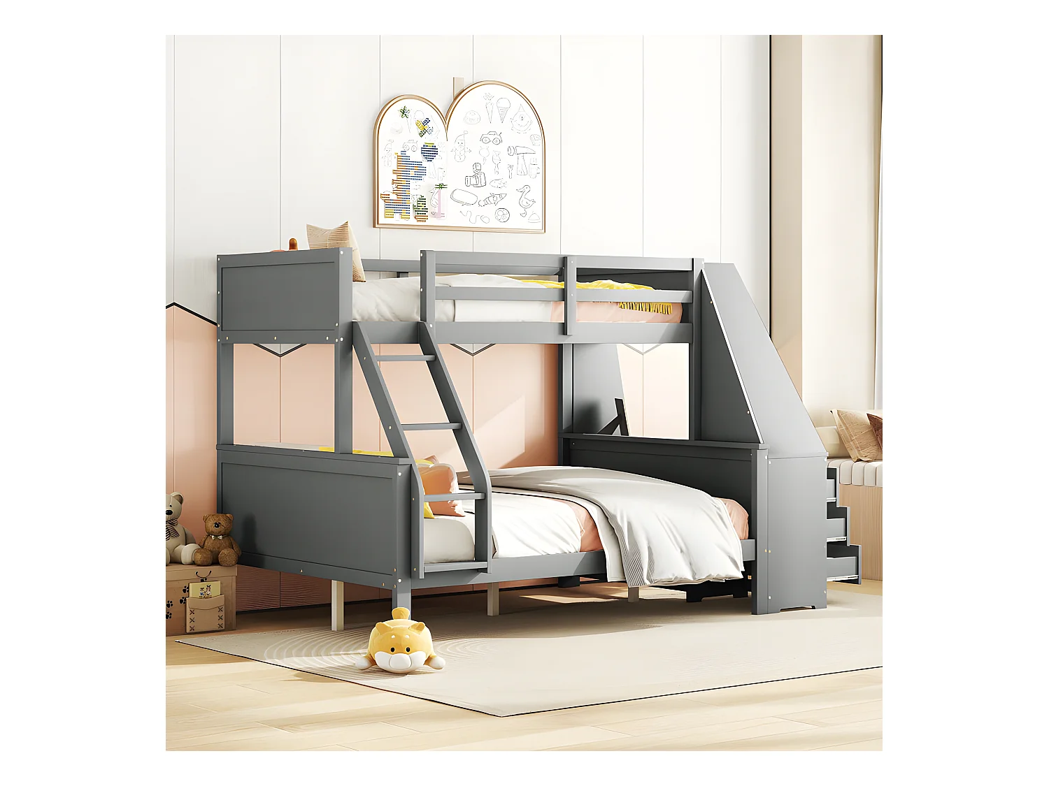 Stapelbed 140x200cm - een bureau aan de zijkant met 3 grote lades - Grijs