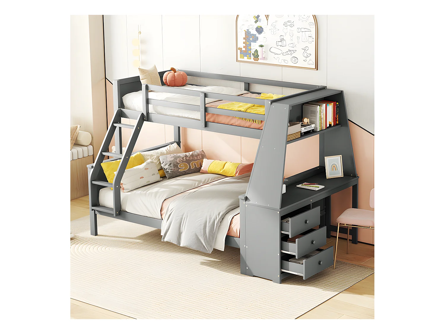 Stapelbed 140x200cm - een bureau aan de zijkant met 3 grote lades - Grijs