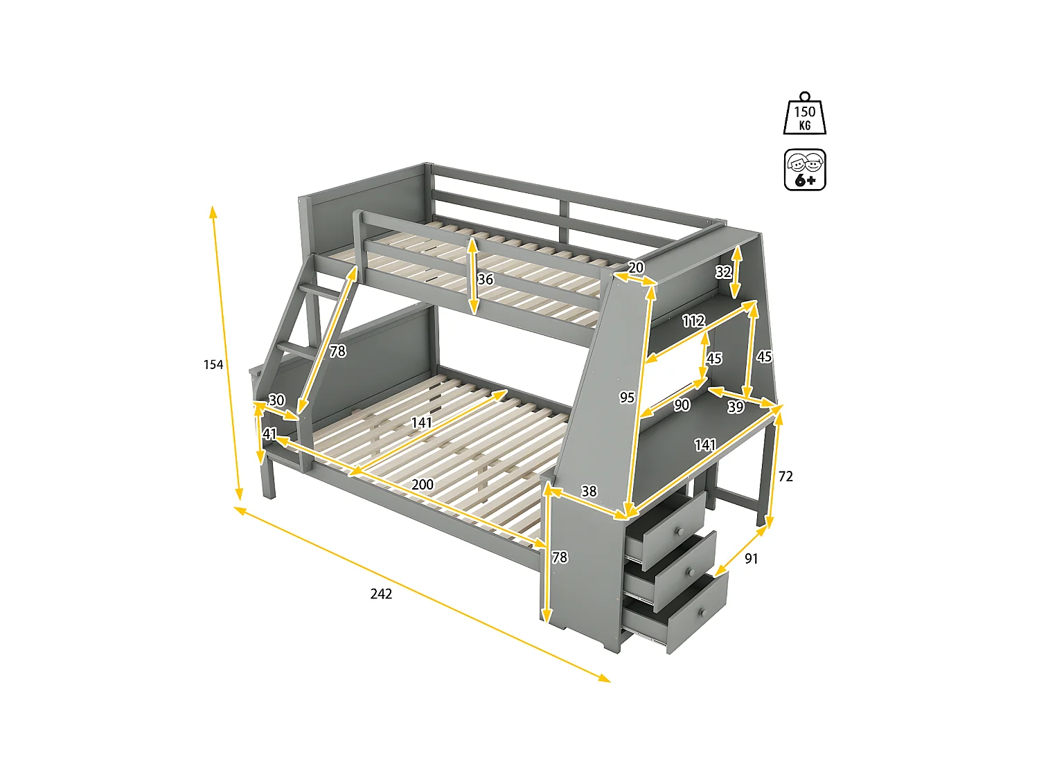 Stapelbed 140x200cm - een bureau aan de zijkant met 3 grote lades - Grijs