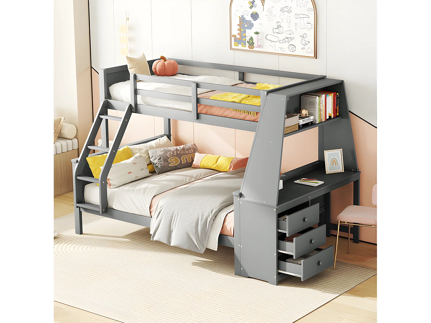 Lit superposé 140x200cm - un bureau sur le côté avec 3 grands tiroirs - Gris