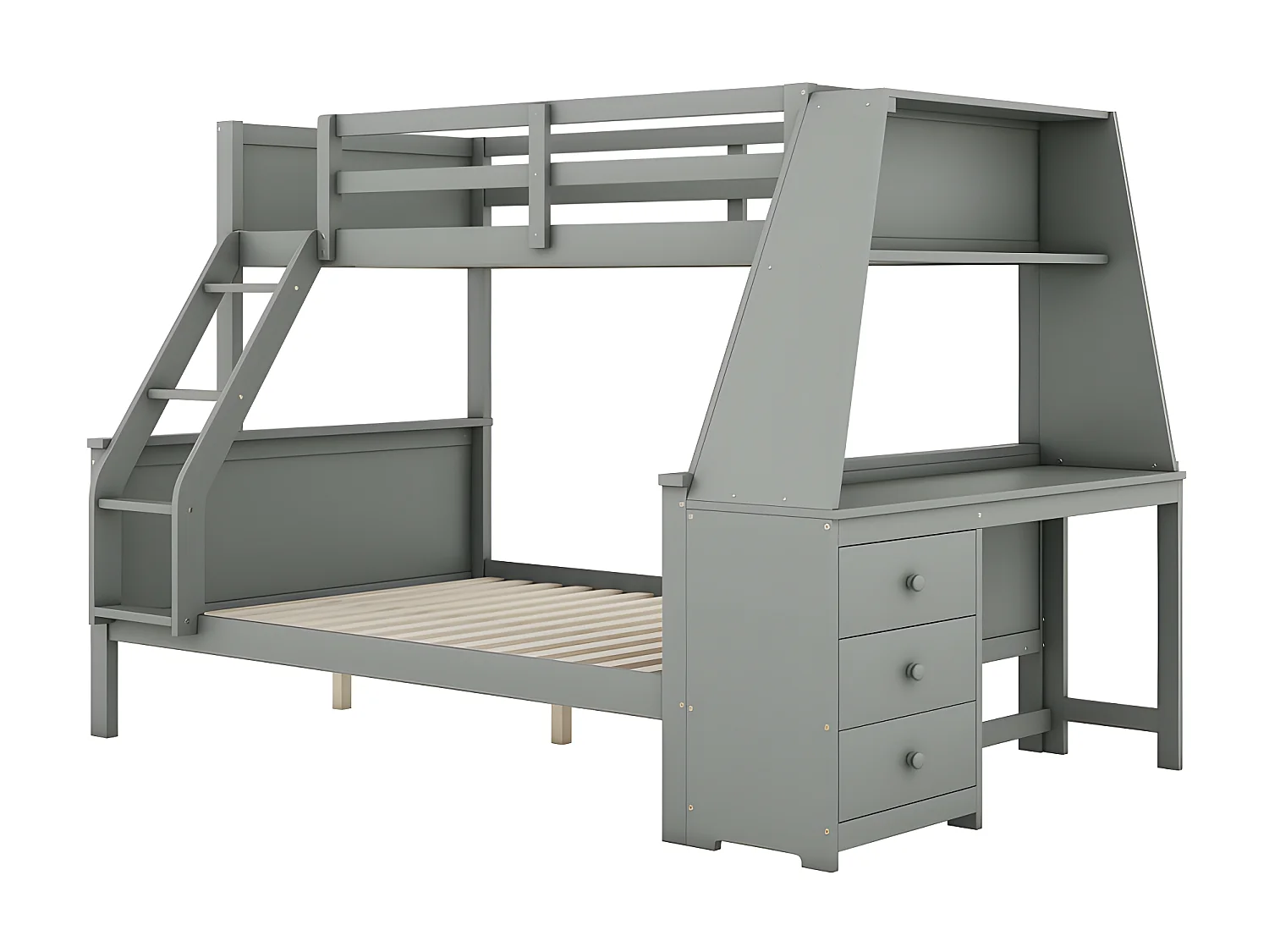 Lit superposé 140x200cm - un bureau sur le côté avec 3 grands tiroirs - Gris