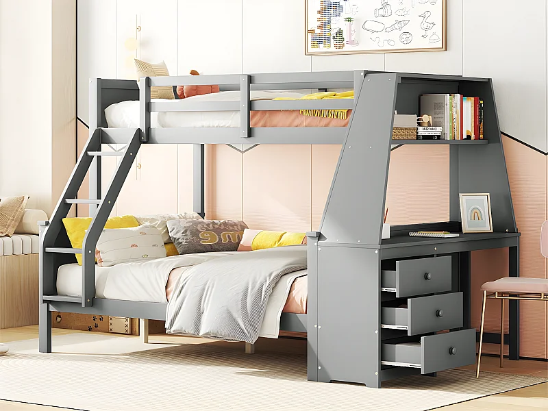 Stapelbed 140x200cm - een bureau aan de zijkant met 3 grote lades - Grijs