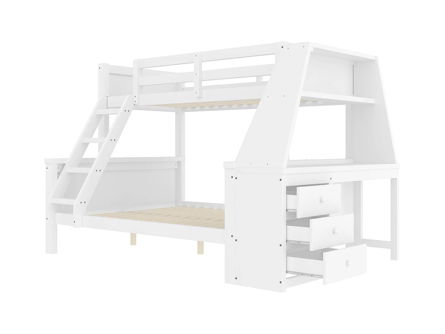 Etagenbett 140x200cm - seitlich ein Schreibtisch mit 3 großen Schubladen - Weiß