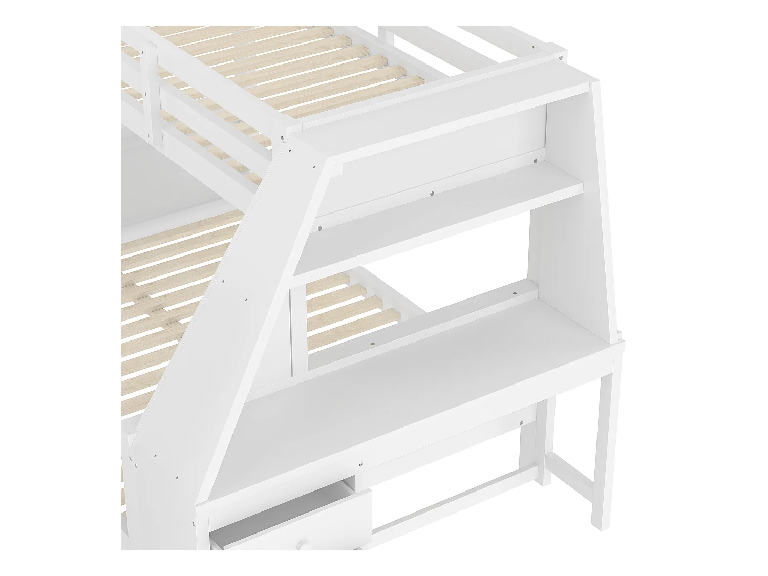 Etagenbett 140x200cm - seitlich ein Schreibtisch mit 3 großen Schubladen - Weiß