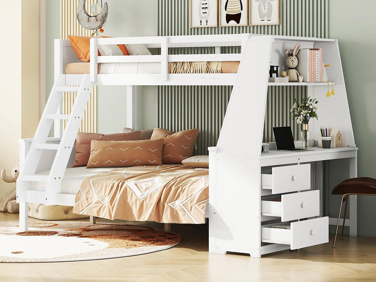 Etagenbett 140x200cm - seitlich ein Schreibtisch mit 3 großen Schubladen - Weiß