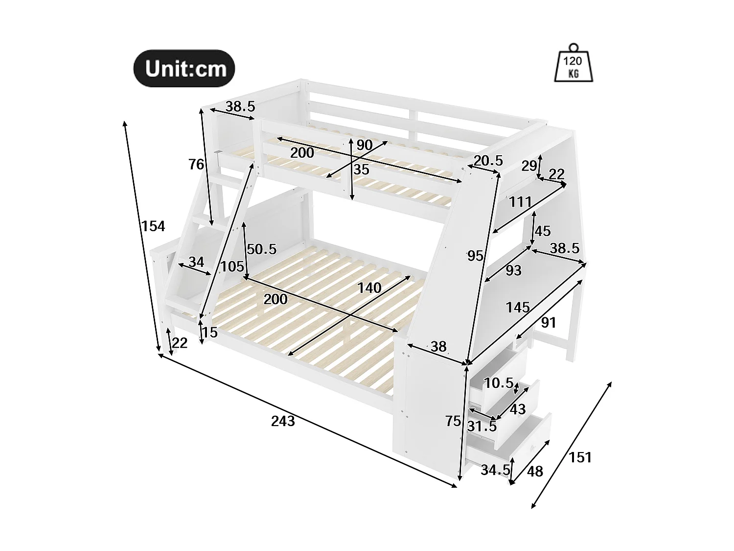 Etagenbett 140x200cm - seitlich ein Schreibtisch mit 3 großen Schubladen - Weiß
