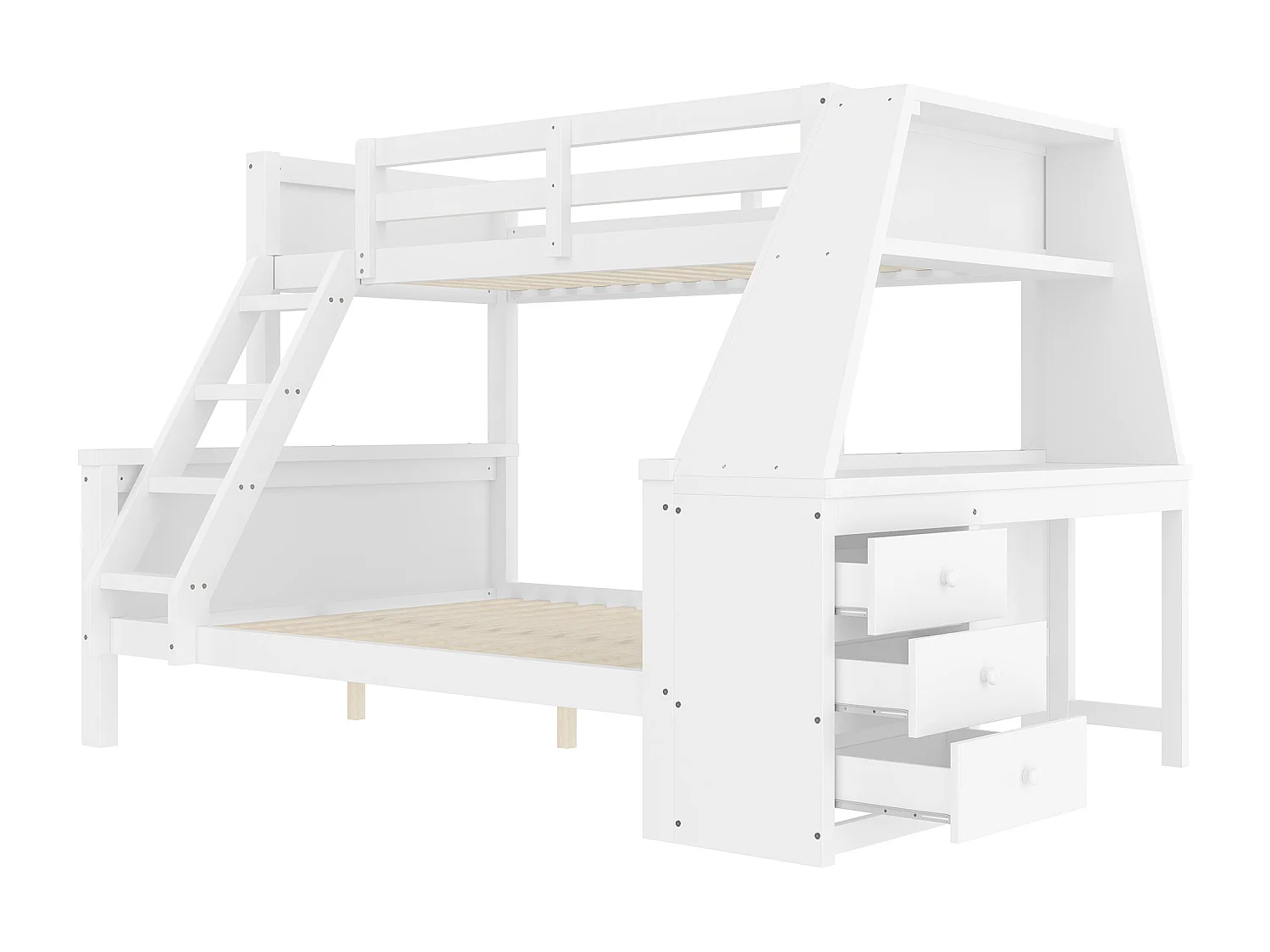 Etagenbett 140x200cm - seitlich ein Schreibtisch mit 3 großen Schubladen - Weiß