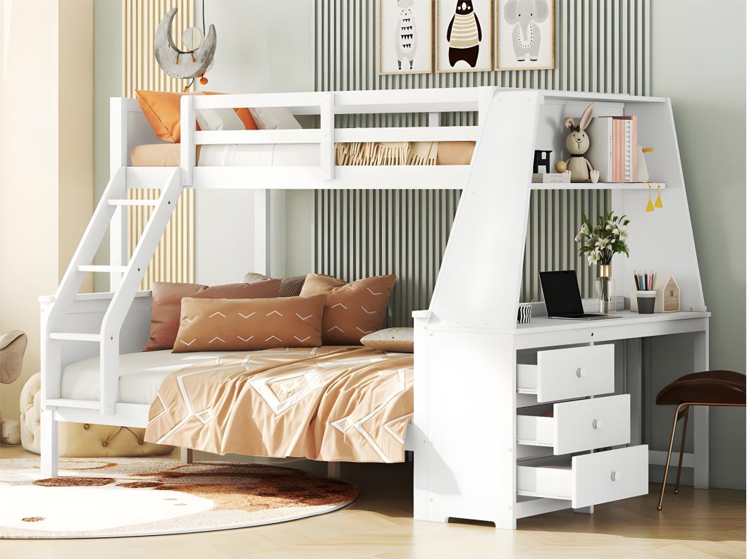 Litera 140x200 cm - escritorio lateral con 3 cajones grandes - Blanco