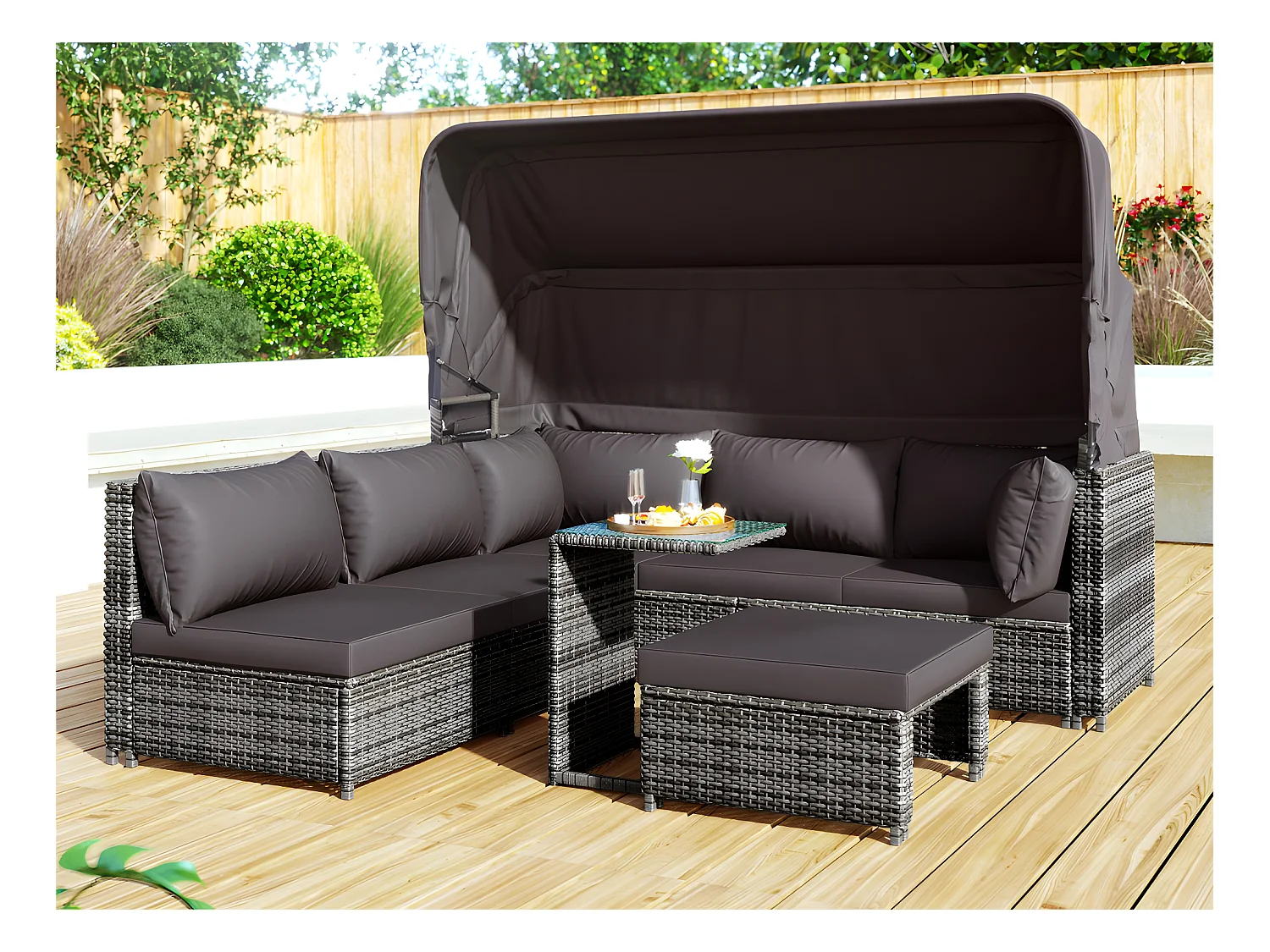Tuinmeubelen - PE rotan loungebank met verstelbare luifel - 6 plaatsen en 1 salontafel - Grijs