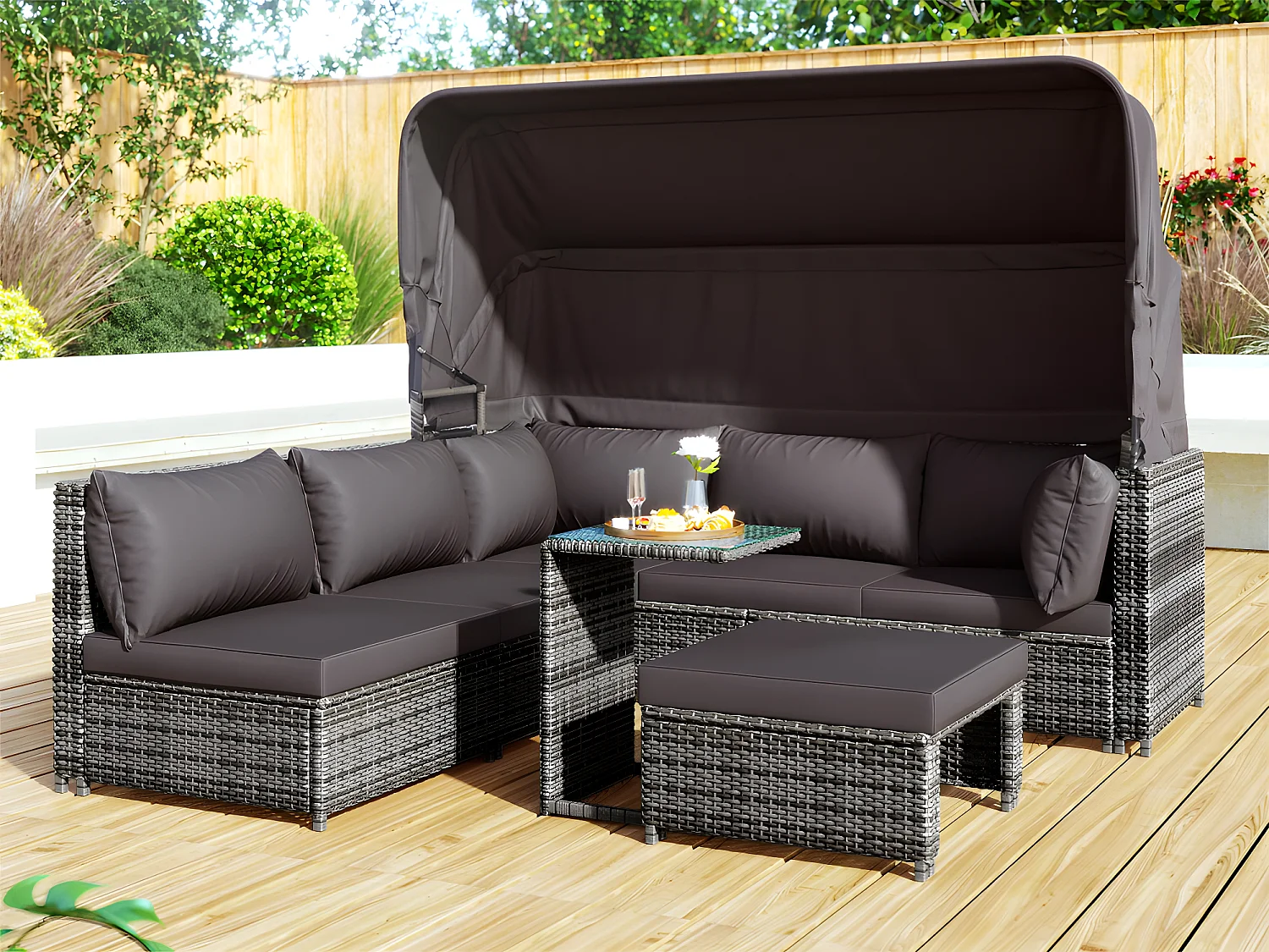 Tuinmeubelen - PE rotan loungebank met verstelbare luifel - 6 plaatsen en 1 salontafel - Grijs