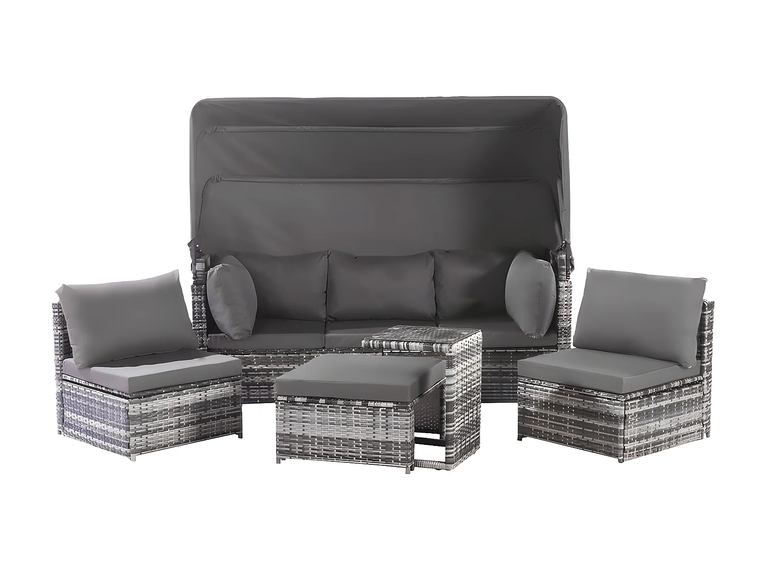 Tuinmeubelen - PE rotan loungebank met verstelbare luifel - 6 plaatsen en 1 salontafel - Grijs