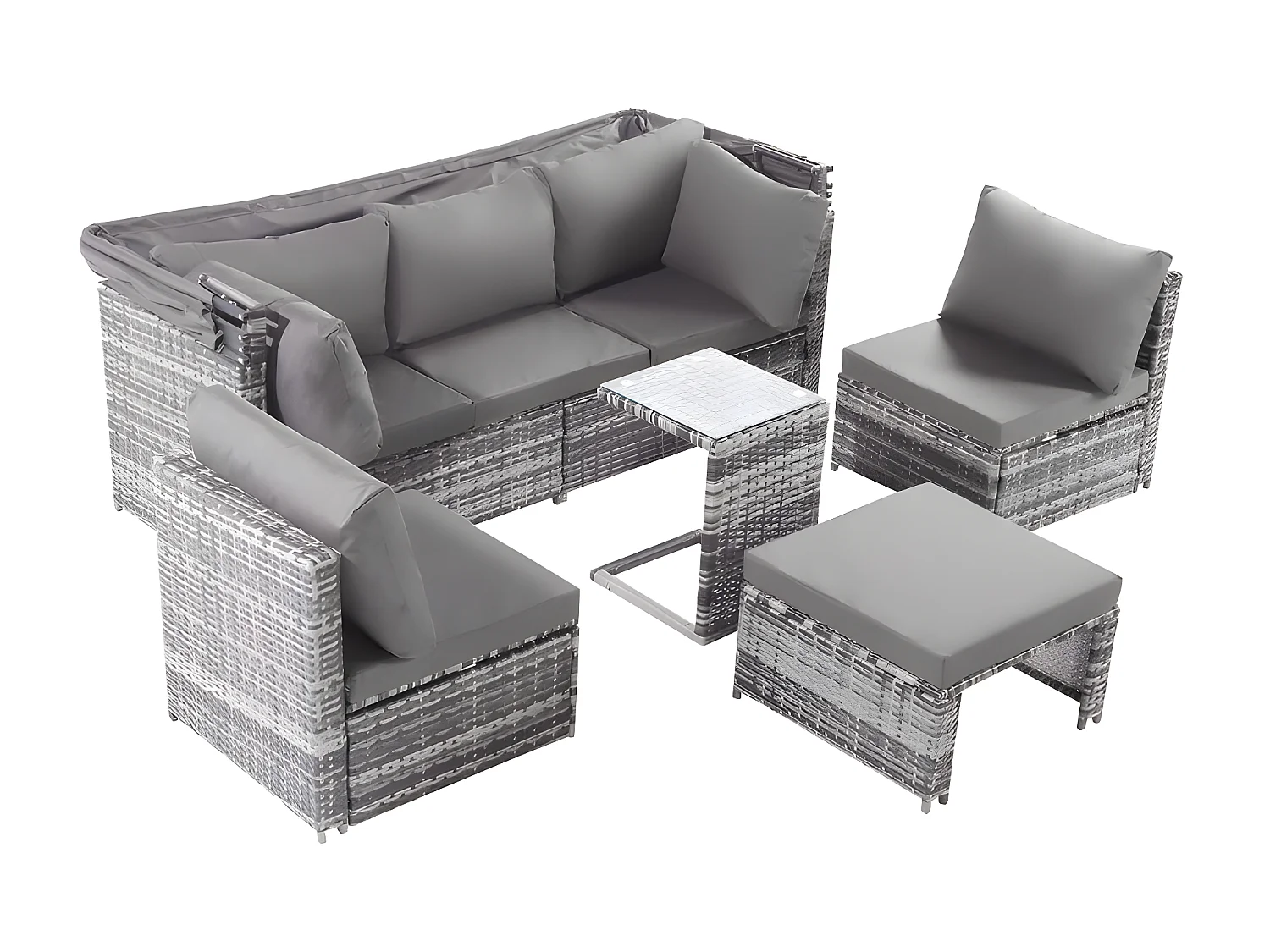 Tuinmeubelen - PE rotan loungebank met verstelbare luifel - 6 plaatsen en 1 salontafel - Grijs