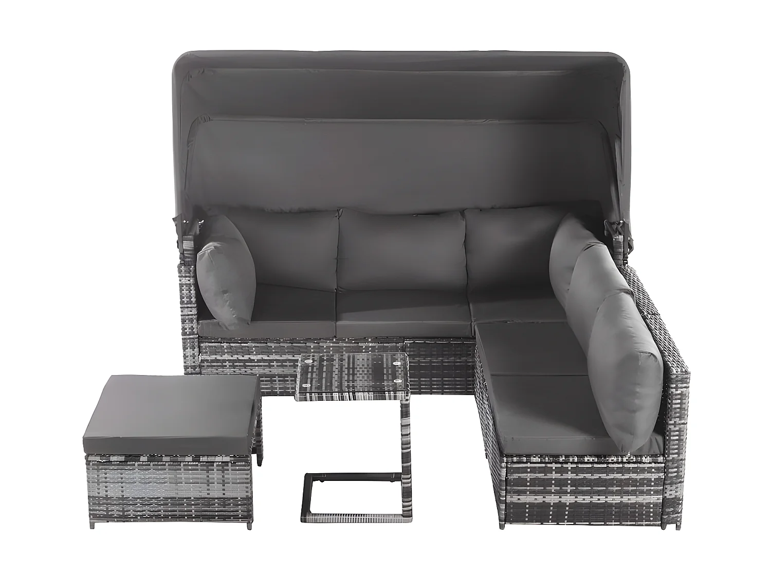 Tuinmeubelen - PE rotan loungebank met verstelbare luifel - 6 plaatsen en 1 salontafel - Grijs