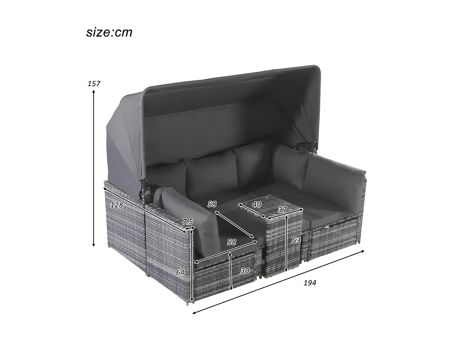Tuinmeubelen - PE rotan loungebank met verstelbare luifel - 6 plaatsen en 1 salontafel - Grijs