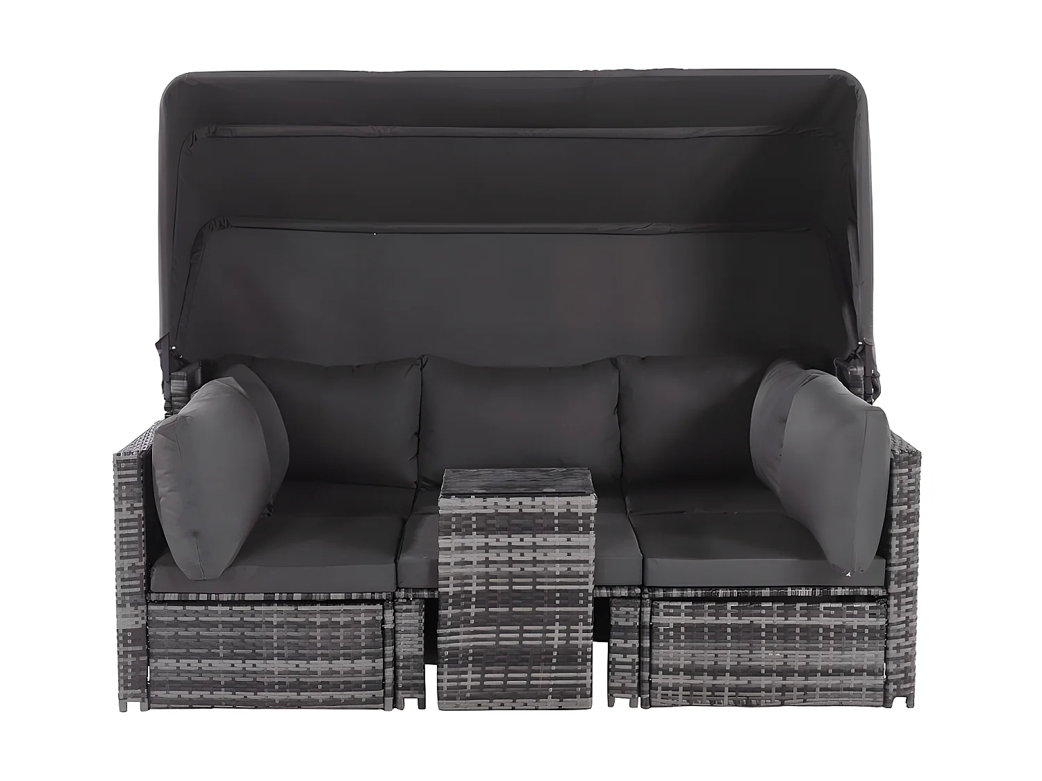 Tuinmeubelen - PE rotan loungebank met verstelbare luifel - 6 plaatsen en 1 salontafel - Grijs