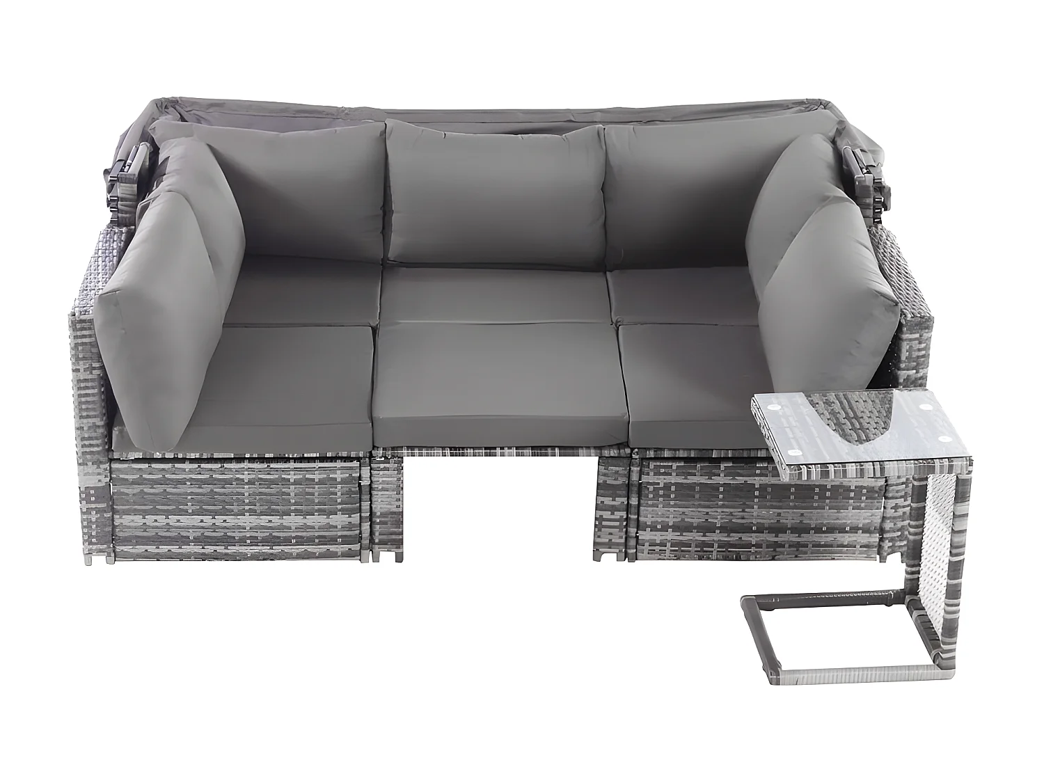 Tuinmeubelen - PE rotan loungebank met verstelbare luifel - 6 plaatsen en 1 salontafel - Grijs