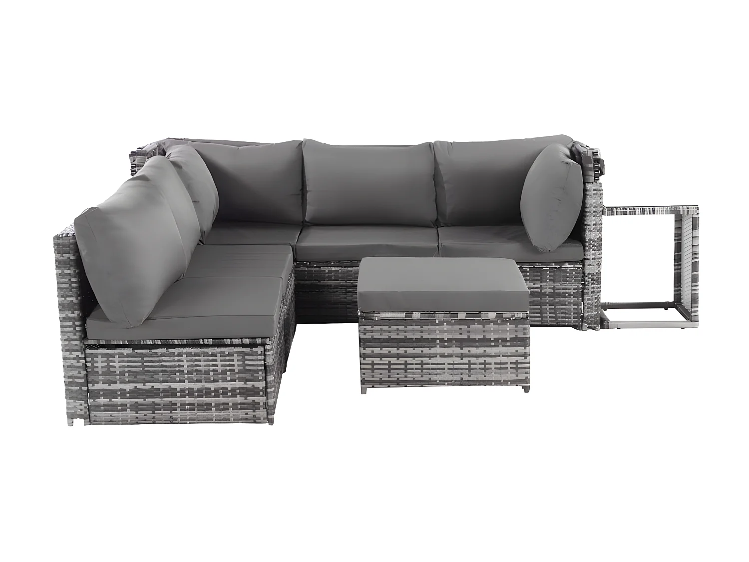 Tuinmeubelen - PE rotan loungebank met verstelbare luifel - 6 plaatsen en 1 salontafel - Grijs