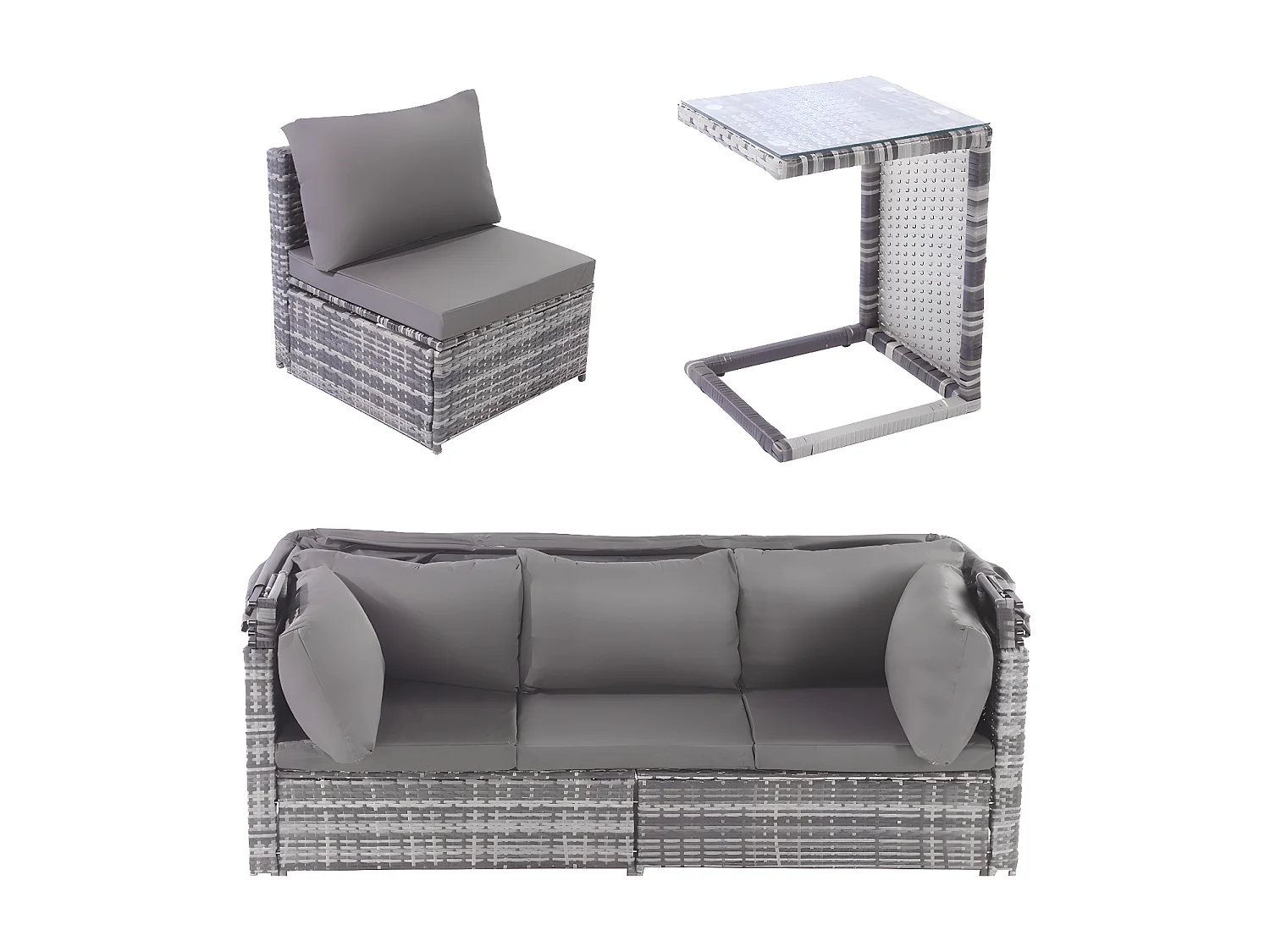 Salon de jardin - Canapé lounge en rotin PE avec auvent réglable - 6 places et 1 table basse - Gris