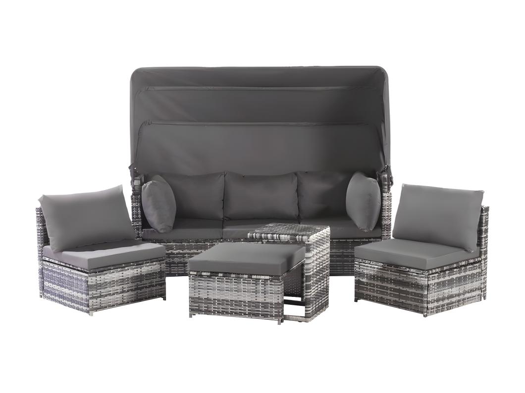 Salon de jardin - Canapé lounge en rotin PE avec auvent réglable - 6 places et 1 table basse - Gris
