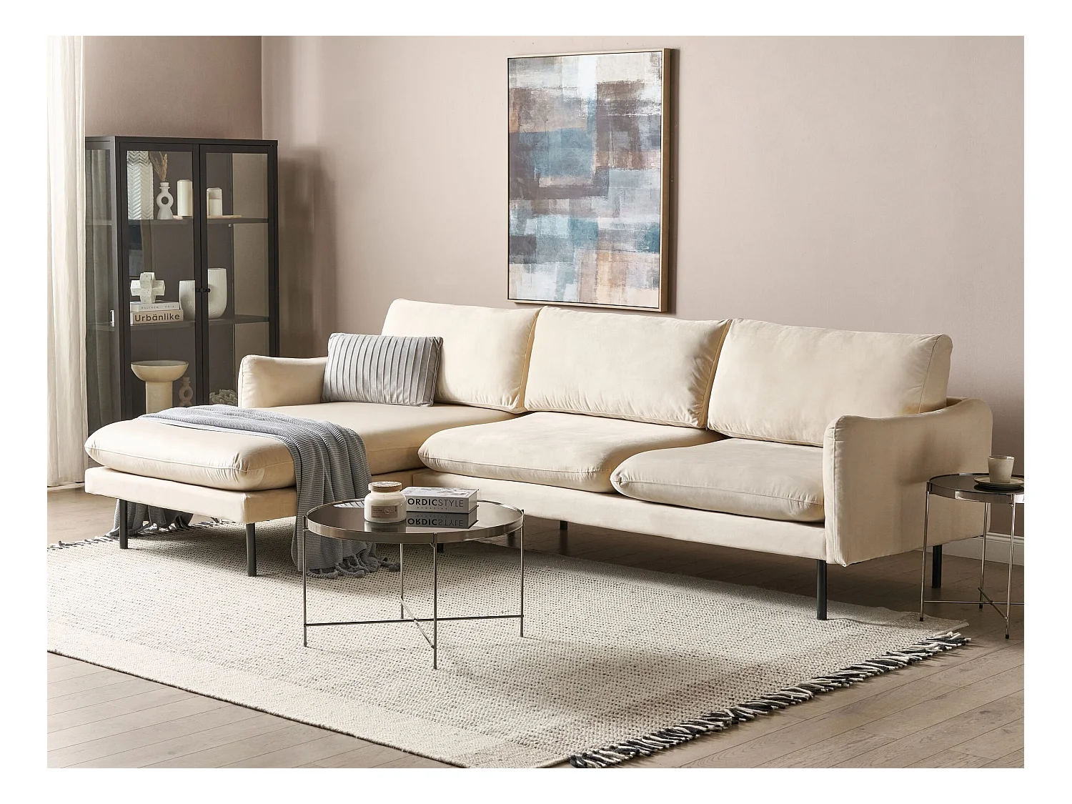 Ecksofa VINTERBRO Samtstoff Hellbeige 4-Sitzer rechtsseitig