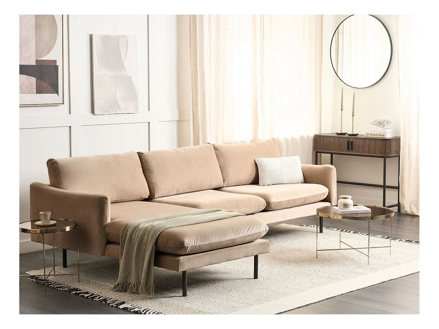 Canapé D'Angle 4 Places en Velours Beige Contreplaqué Bois de Pin à Accoudoirs Droits Vinterbro
